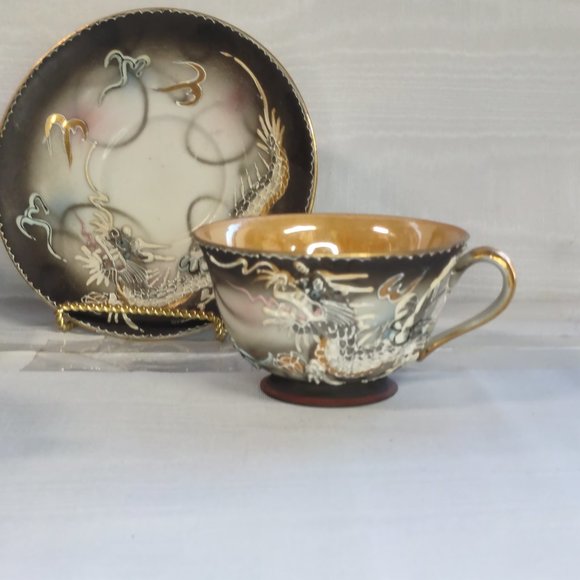 Vintage Occupied Japan Dragonware Tea Cups Saucer Set (4) Moriage Orange Luster - Picture 3 of 12